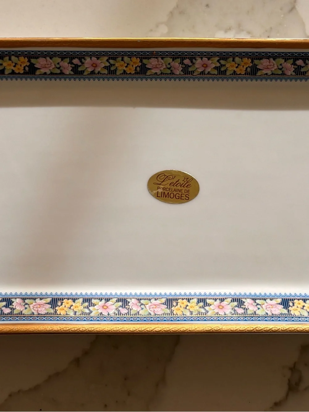 Limoges White Porcelain Vanity Tray with Pink and Yellow Floral Border